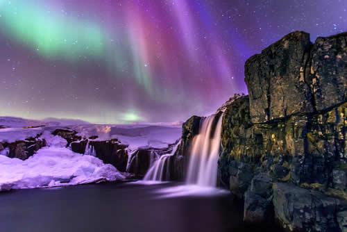 The northern lights and a waterfall.