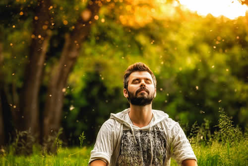 man meditationg in a field